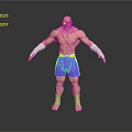 Bald Head Muscular Game Movie Character With Purple Shorts Yellow Belt White Wrist Guards