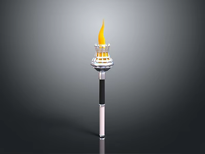 Standing Metallic Torch Structure With Bright Yellow Flame And Black Handle 3d model