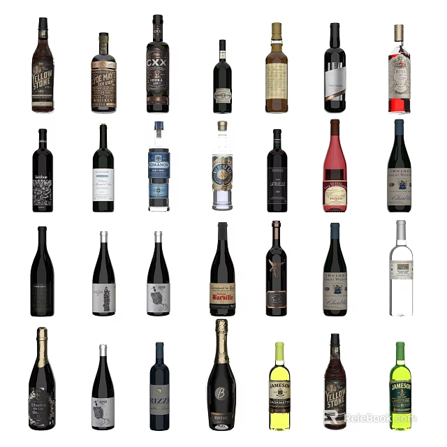 Various Wine Bottles and Glasses Collection with Assorted Styles and Designs 3d model