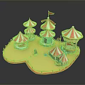 Vibrant Amusement Park Scene With Heart Shaped Area Red White Striped Tents Carousel And Flags