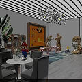 Eclectic Interior Space With Decorative Figurines Sculptures Bookshelves Green Plants And Pendant Lights