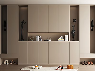 Modern Beige Shoe Cabinet With Storage Display Shelves Books Clock And Shoes 3d model