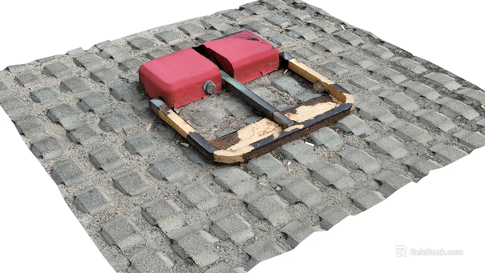 Red Metal Public Parking Lock Facility Installed On Paved Brick Road Surface 3d model 