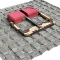 Red Metal Public Parking Lock Facility Installed On Paved Brick Road Surface