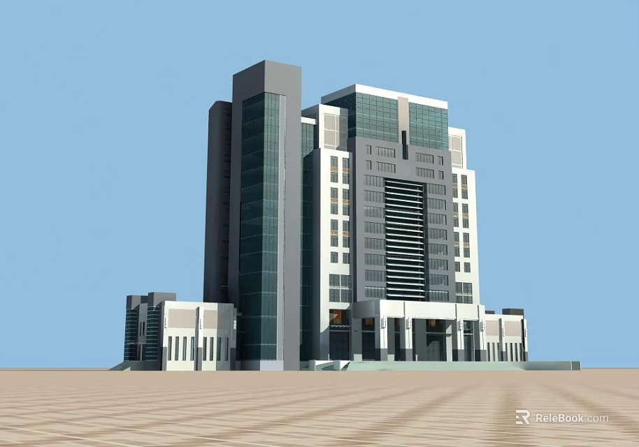 Modern Office Building With Glass Curtain Wall Multi Storey Structure Against Blue Sky Plaza Area 3d model 