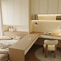 Tatami Bedroom Interior With Window Blinds White Cabinets Wooden Desk Chair Steps And Wooden Flooring
