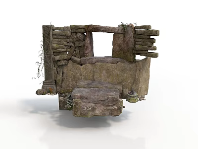 Ancient Stone Structure With Square Window Stone Steps And Grass Vines 3d model