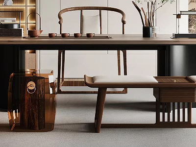 Chinese Style Tea Table And Chairs With Natural Wood Design And Tea Sets 3d model