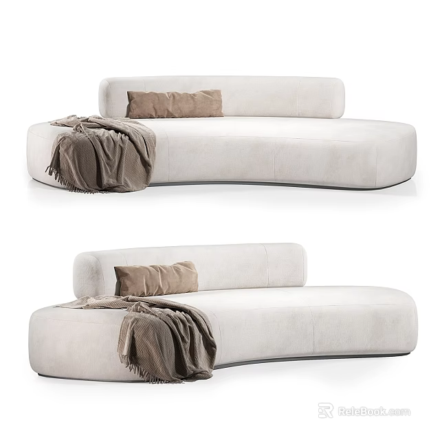 White Curved Sofa Set With Brown Pillow And Soft Throw Blanket Design 3d model