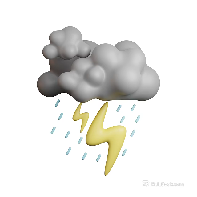 Gray Clouds With Falling Rain Drops And Yellow Lightning Bolts 3d model 