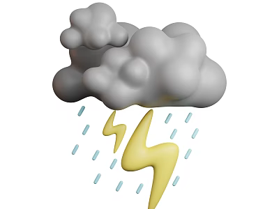Gray Clouds With Falling Rain Drops And Yellow Lightning Bolts 3d model