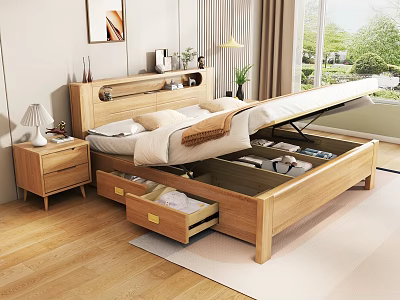 Modern Solid Wood Double Bed With Storage Drawers And Lift-up Compartment In Bedroom 3d model