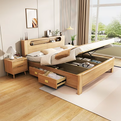 Modern Solid Wood Double Bed With Storage Drawers And Lift-up Compartment In Bedroom 3d model