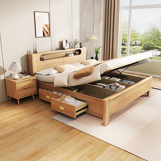 Light Luxury Bed Solid Wood Bedding Tatami Support Bar Bed 3d model