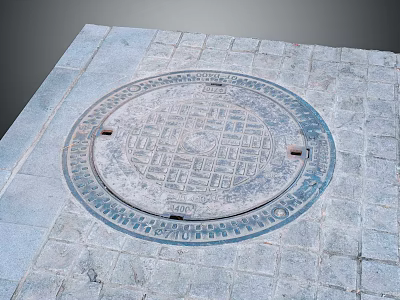 Decorative Manhole Cover On Stone Pavement With Metal Rim And Fasteners 3d model