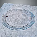 Decorative Manhole Cover On Stone Pavement With Metal Rim And Fasteners