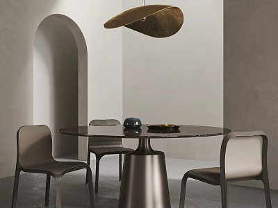 Modern Dining Table Set With Chairs Metal Pendant Light Gray Walls And Archway 3d model