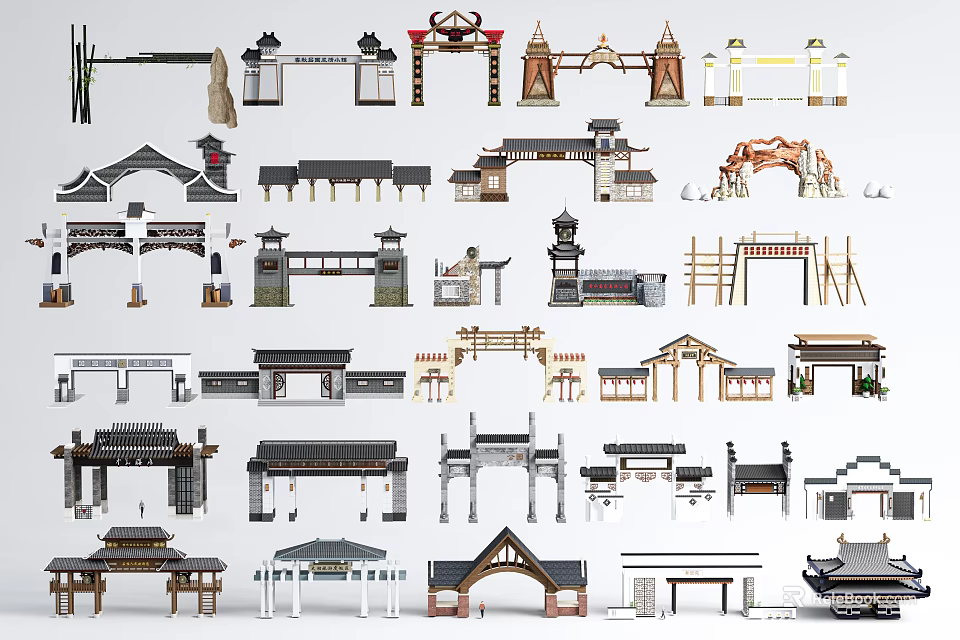 Traditional Chinese Memorial Archways in Various Historical Architectural Styles and Designs 3d model 