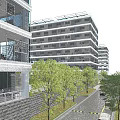 Modern Office Building With Glass Curtain Wall Surrounded by Trees Under Blue Sky