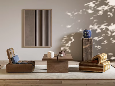 Wooden Tea Table With Brown Sofa Chairs Decorative Painting And Vase In Sunlit Interior 3d model