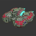 Sci-Fi Mechanical Device With Pink Silver Structure Circular Components Blue Illuminated Elements And Reflective Base