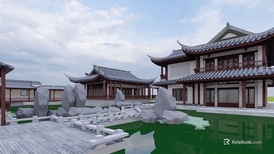 Ancient Traditional Architecture With Curved Eaves Stone Courtyard And Pond Design 3d model 