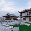 Ancient Traditional Architecture With Curved Eaves Stone Courtyard And Pond Design