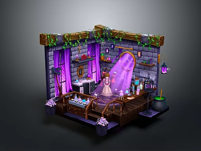 Enchanted Cottage Landscape With Purple Curtains Vines Magic Glow Alchemy Items And Potted Plants 3d model