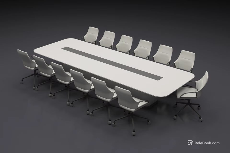 Modern White Rectangular Conference Table With Rolling Chairs In Office 3d model 