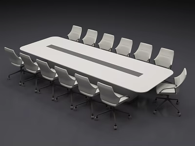 Modern White Rectangular Conference Table With Rolling Chairs In Office 3d model