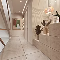 Modern Entryway Hallway Interior Design With Textured Walls Tile Flooring Artwork And Dried Plants