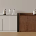 White and Brown Wooden Sideboards With Kettle And Glass Bottles On Top