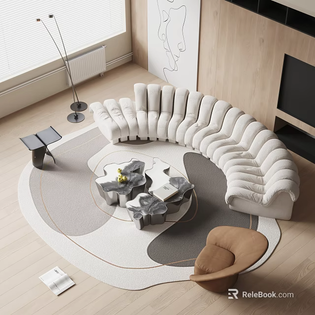 Modern White Curved Sofa and Gray Coffee Table Set in Living Room with Area Rug 3d model 