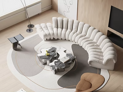 Modern White Curved Sofa and Gray Coffee Table Set in Living Room with Area Rug 3d model