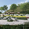 Rural Landscape With Green Hills Trees Stones Flower Beds Grassy Area And Stone Path