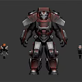 Red And Silver Mech Character Standing With Glowing Purple Accents And Weapons
