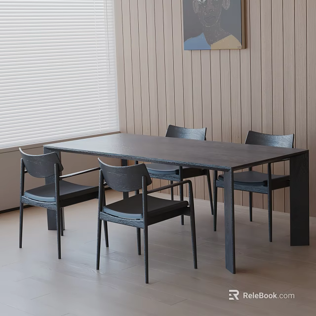 Dark Colored Dining Table Set With Four Chairs Wooden Wall And Blinds 3d model 