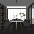 Modern Restaurant Interior Design With Long Dining Table Chairs Large Windows And Green Plants 3d model