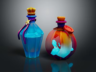 Medical Devices Transparent Colored Bottles With Blue Orange Hues Decorative Crown Star And Circular Lids 3d model