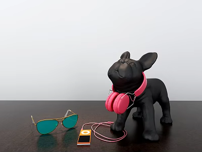 Decorative Ornament Combination with Black French Bulldog Pink Headphones Golden Sunglasses Green Lenses MP3 Player 3d model