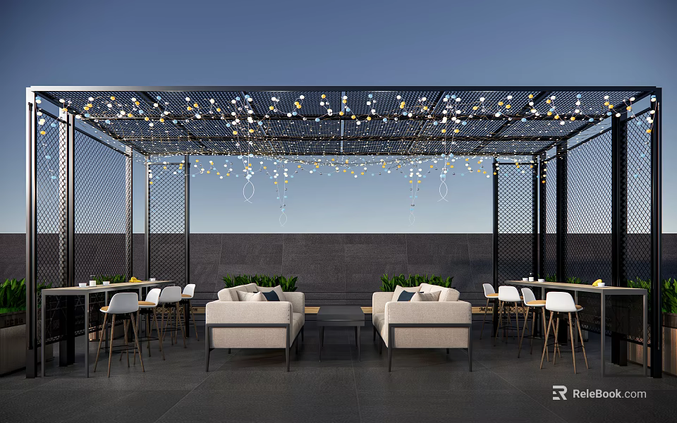 Modern Outdoor Sofa Setup With Pergola String Lights And Dining Tables Chairs 3d model