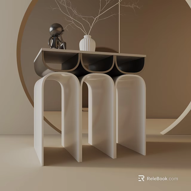 Modern Side Table With White Curved Legs Black Tabletop Decorative Sculpture And Vase 3d model 
