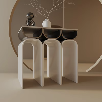Modern Side Table With White Curved Legs Black Tabletop Decorative Sculpture And Vase 3d model