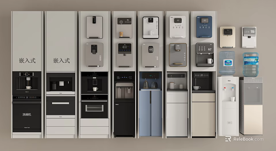 Various Built-in Kitchen Appliances Including Water Dispensers Coffee Machines And Refrigerators 3d model 