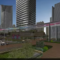 Modern Commercial Complex With Tall Glass Buildings Illuminated Overpass Connecting Buildings And Evening Greenery Landscape