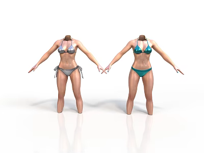 Two Women in Gray Silver and Green Bikini Holding Hands on White Background 3d model