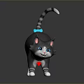 Grey Striped Cat With Blue Eyes Pink Ears Blue Tail Tip On Black Reflective Floor