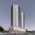 Modern High Rise Residential Building With Glass Facade Tree Surroundings And Ground Floor Shops