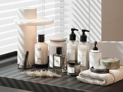 Stylish Modern Daily Wash Essentials With Bottles Jars And Soft Towels On Countertop 3d model