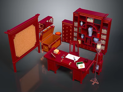 Traditional Red Entryway Cabinet And Side Cabinet Design With Storage Shelves And Drawers 3d model